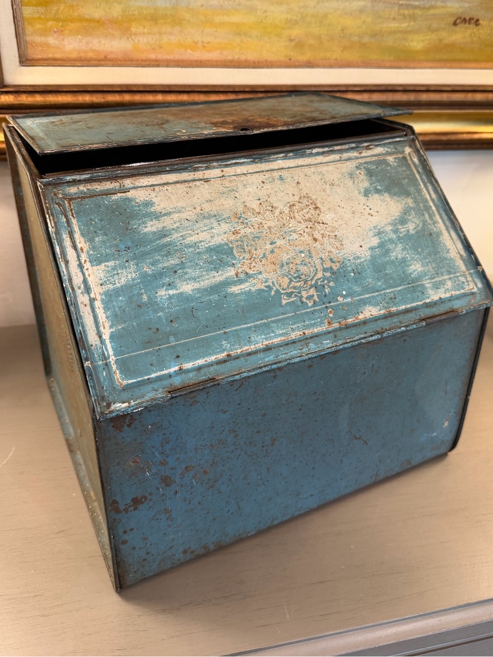 Blue Metal Double Bread Box Hinged Lid Air Vents Floral Rectangle Vintage